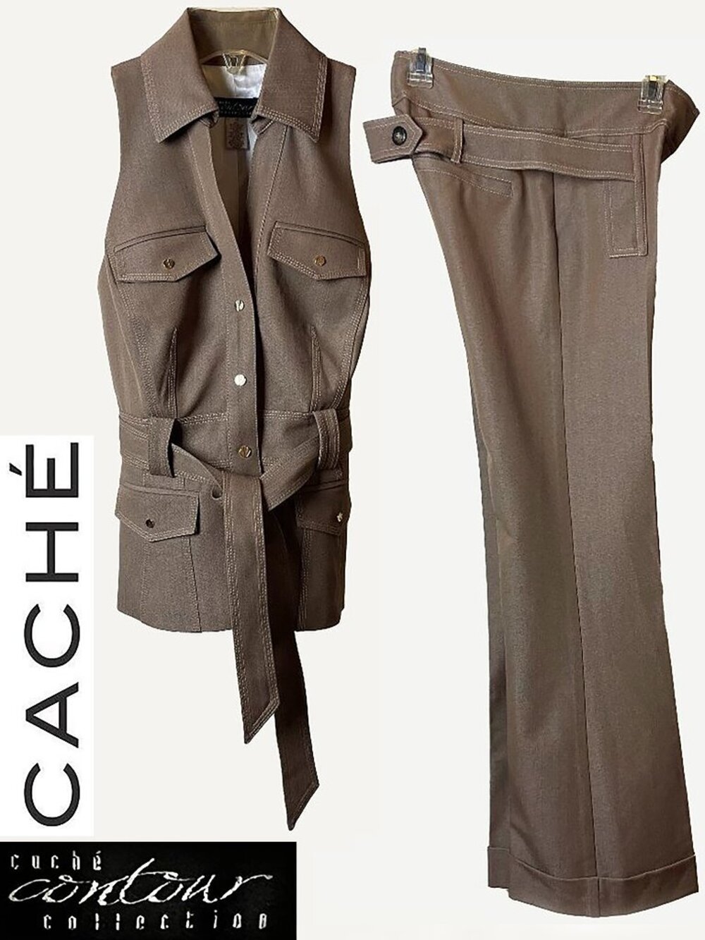 Cache Contour Collection | Luxe Brown Pants & Sleeveless Jacket Suit w/Belt EUC